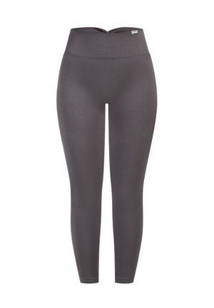 High-waisted, nauwsluitende legging in donkergrijs, met een gladde textuur en naadloos ontwerp, voorzien van subtiele geribbelde accenten bij de tailleband en de pijpen.