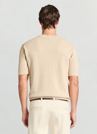 Pull beige en maille à manches courtes avec un motif texturé. Coupe confortable avec un col rond et une finition lisse. Porté avec un pantalon de couleur claire.