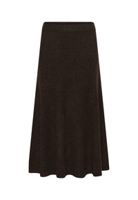 Rjava krila do kolen, izdelana iz mehke, teksturirane tkanine, z razširjenim krojem in elastičnim pasom za udobno nošenje.