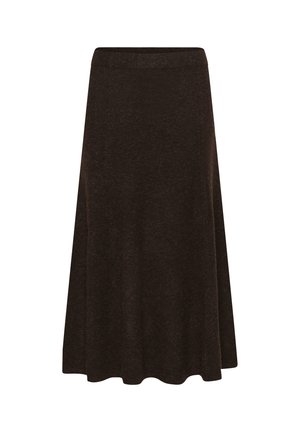 Pruun säärte pikkus seelik, mis on valmistatud pehmest, tekstureeritud kangast, flared disainiga ja elastse vöökohaga, et tagada mugav sobivus.