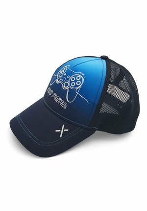 Casquette de baseball en maille bleue et noire avec un contour blanc d'une manette de jeu et le texte "PRO PLAYER" sur le panneau avant.