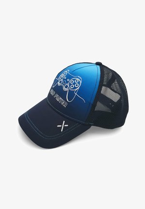 Blaues und schwarzes Baseballcap aus Mesh mit einer weißen Umrandung eines Spiele-Controllers und dem Schriftzug "PRO PLAYER" auf der Vorderseite.