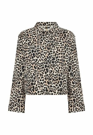 Veste boutonnée imprimé léopard avec manches longues, deux poches poitrine et col classique en beige, noir et marron.