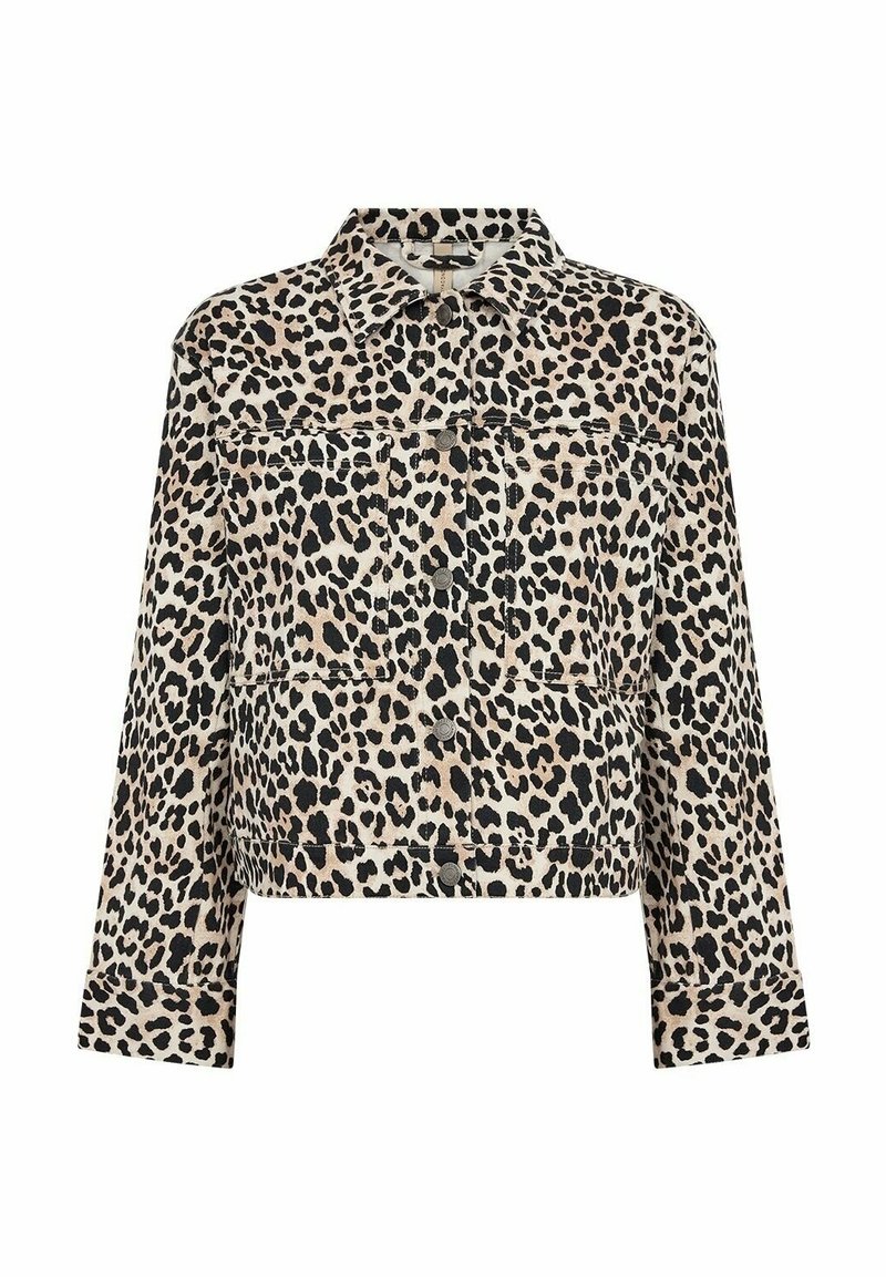Veste boutonnée imprimé léopard avec manches longues, deux poches poitrine et col classique en beige, noir et marron.