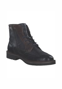 Schwarze und braune Leder-Stiefeletten mit Brogue-Design, ausgestattet mit Schnürsenkeln, einem seitlichen Reißverschluss und einer strukturierten Gummisohle.