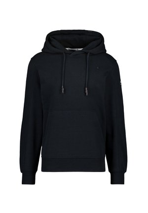 Felpa nera con cappuccio realizzata in tessuto morbido, dotata di tasca frontale, cappuccio regolabile con cordino e polsini e orlo a costine. Dettagli di design minimalisti.