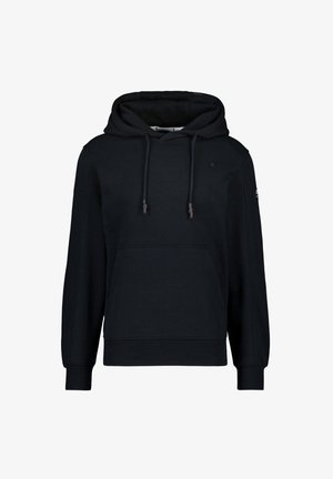 Schwarze Kapuzenjacke aus weichem Stoff, mit einer Fronttasche, verstellbarem Kordelzug und gerippten Bündchen und Saum. Minimalistisches Design.