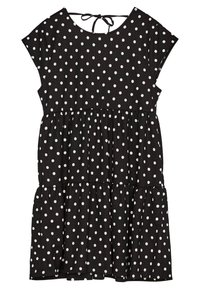 Svart kortärmad klänning med vita prickar, siffongkjol, rund halsringning och knytning bak.