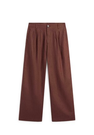 Brown wide-leg trousers with front pleats, belt loops, button closure, and side pockets, displayed on a white background.