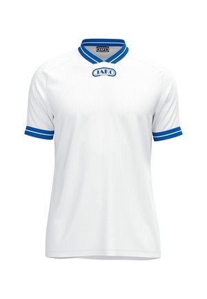Hvid sportst-shirt med korte ærmer med blå krave og ærmebånd, med JAKO Sport-logo på brystet og inden i kraven.
