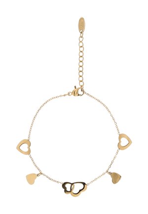 Brățară din lanț de aur cu cinci pandantive în formă de inimă, două goale, două solide și o inimă fluture legată în centru cu o clemă tip homar.