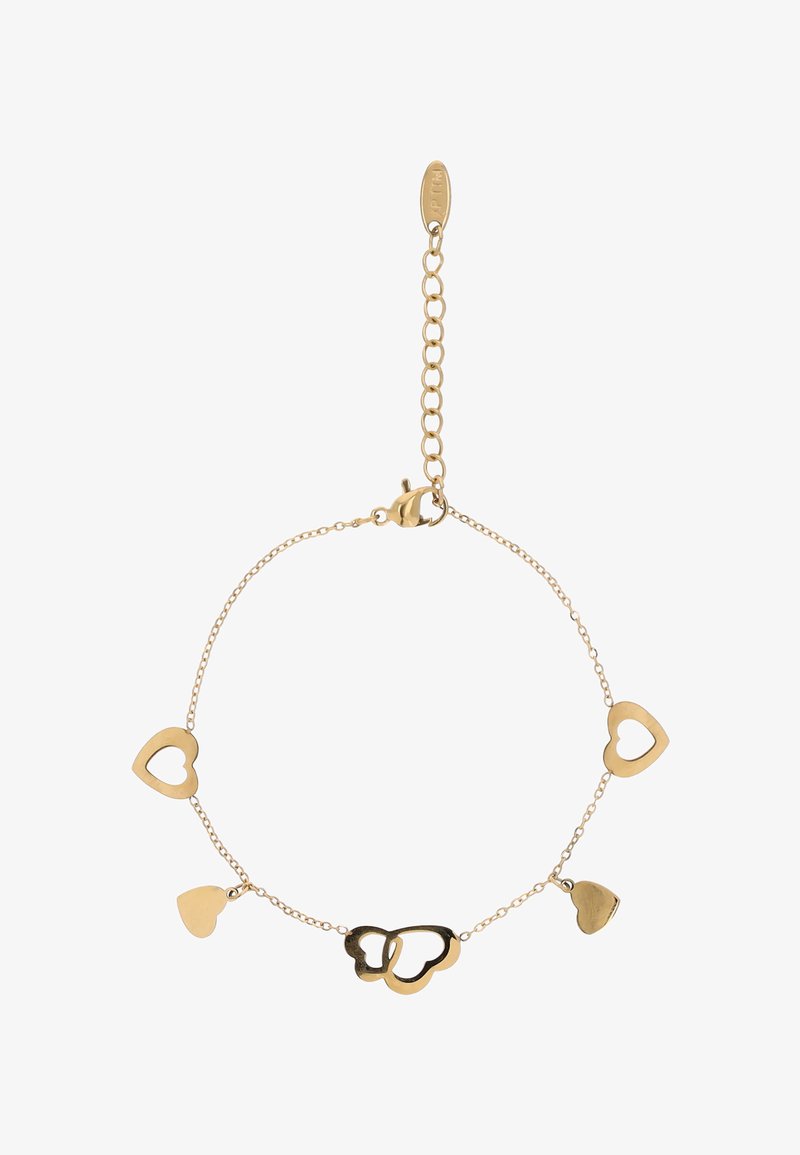 Guldarmbånd med fem hjerteformede vedhæng, to hulrum, to solide og et sommerfuglehjerte forbundet i midten med en karabinlås.