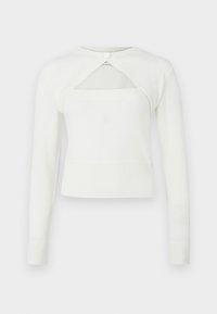 Λευκό πουλόβερ με μακριά μανίκια, ραμμένο τελείωμα και σχέδιο ανοίγματος στην πλάτη. Φτιαγμένο από μαλακό υλικό, διαθέτει στρογγυλή λαιμόκοψη και κούμπωμα με κουμπιά.