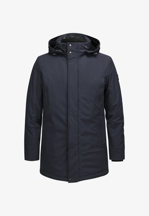 Marineblaue wasserdichte Jacke mit Kapuze, ausgestattet mit einem Reißverschluss und Druckknopfverschluss, Seitentaschen und einer glatten, matten Oberfläche.