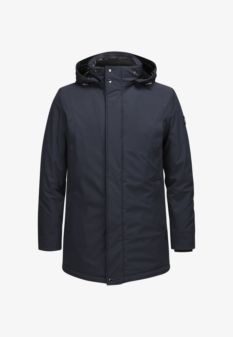 Marineblaue wasserdichte Jacke mit Kapuze, ausgestattet mit einem Reißverschluss und Druckknopfverschluss, Seitentaschen und einer glatten, matten Oberfläche.