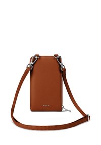 Brown leather crossbody bag with a rectangular shape, featuring silver hardware and a detachable strap. Logo embossed on the front.