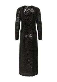 Robe longue à manches longues en sequins noirs avec une silhouette droite, un design à longueur de sol et une surface texturée. Pas de motifs ou d'accents visibles.