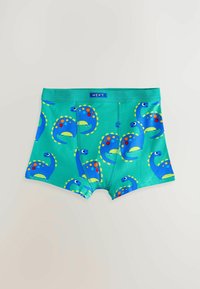Boxer da uomo verdi con motivi di dinosauro blu e accenti arancioni e gialli. Realizzati in un tessuto morbido e elastico per garantire comfort.