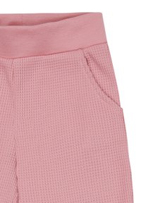 Roze, wafelstructuur broek met een elastische tailleband en zijzakken; beschikt over een zachte, ademende stof.