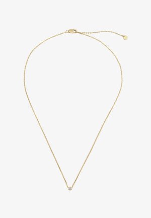 Guld kædehalskæde med et delikat design, der har et lille vedhæng med en klar sten i midten. Justerbar lås til størrelse.