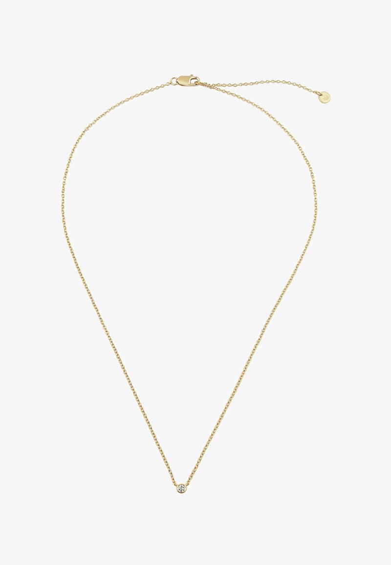 Guld kædehalskæde med et delikat design, der har et lille vedhæng med en klar sten i midten. Justerbar lås til størrelse.