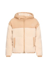 Giacca con cappuccio beige e crema, con un corpo testurizzato e soffice, yoke liscio, zip frontale e una tasca laterale singola.