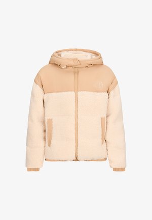 Beige and cream hooded jacket with a textured, fluffy body, smooth yoke, front zipper, and a single side pocket.