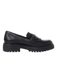 Mocassin noir en cuir avec semelle épaisse rainurée, boucle décorative et détail à franges sur le dessus, vue de côté sur fond blanc.