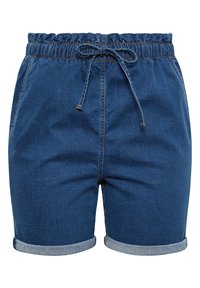 Pantalones cortos de mezclilla en azul oscuro con cintura elástica y cordón ajustable. Presenta dobladillos enrollados y una textura suave.