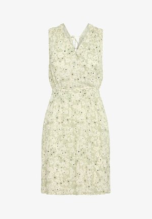 Kvetinová potlač šiat v svetlozelenej farbe, s výstrihom do V, bez rukávov, s elastickým pásom a dvoma bočnými vreckami.