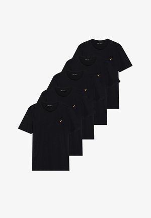 Black t-shirts with short sleeves arranged in a stack. Each features a small golden logo on the left chest. Made of soft fabric.