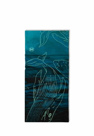 Blue-green neck gaiter with whale outline illustrations and a small "Buff" logo near the top left corner.