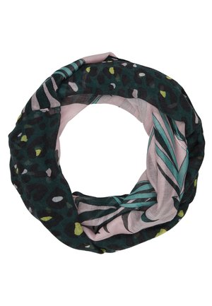 Écharpe circulaire avec imprimé animalier mixte et motifs abstraits de feuilles en turquoise, noir et rose sur tissu léger.