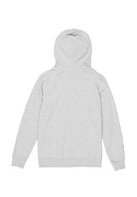 Felpa grigia con cappuccio, in cotone, vestibilità regolare. Presenta un cappuccio con lacci, maniche lunghe, polsini e orlo a coste, e una texture liscia.