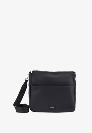 Sort skuldertaske lavet af glat nylon, med lynlås lukning, justerbar strop og forreste lynlåslomme. Logo-patch på bunden foran.