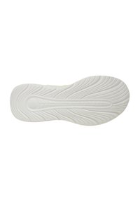 Suola di sneaker bianca con scanalature e motivi texturizzati, tacco arrotondato e un logo circolare centrale. Design piatto adatto a varie superfici.