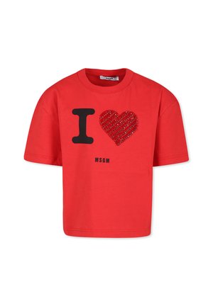 Rode katoenen T-shirt met korte mouwen, voorzien van een zwarte "I" en een rood pailletten hartontwerp, merknaam "MSGM" gedrukt eronder.