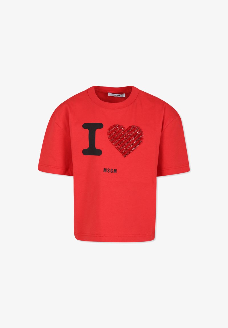 Rode katoenen T-shirt met korte mouwen, voorzien van een zwarte "I" en een rood pailletten hartontwerp, merknaam "MSGM" gedrukt eronder.