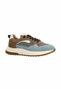 Sneakers with a mix of brown suede, light blue and white leather, mesh, and black laces. Features a rubber sole with a textured tread.