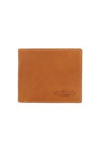 Portafoglio bifold in pelle marrone con cuciture beige e logo embossato "Gusti Leder studio" nell'angolo in basso a destra.