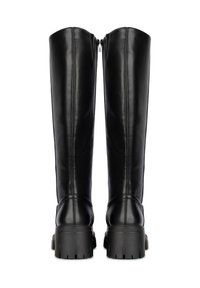 Black faux leather knee-high boots with a chunky sole, side zipper, and a smooth texture; features a rounded toe and minimal stitching details.