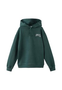 Groene hoodie van een katoenmix, met een voorzak in kangoeroestijl, geribbelde boorden en een geborduurd "green" logo op de borst.