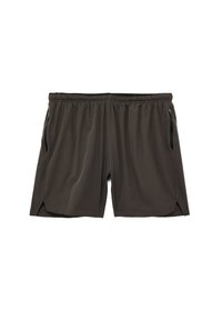 Bermudas deportivas de color gris oscuro, confeccionadas en tejido ligero, con una cintura elástica, bolsillos laterales con cremalleras y aberturas laterales para mayor movilidad.