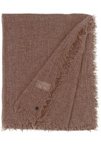 Brauner, strukturierter Schal mit fransigen Kanten, aus weichem Material gefertigt. Verfügt über ein kleines schwarzes Etikett in einer Ecke.