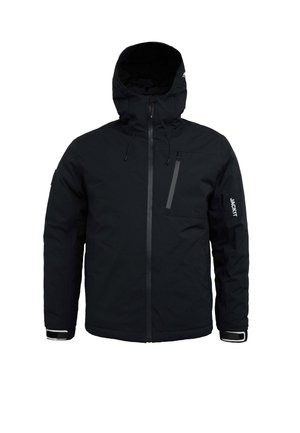 Black insulated jacket with a zippered front, adjustable hood, and elastic cuffs. Features a zipped chest pocket and "JACKIT" branding.