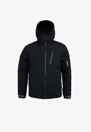 Giacca nera isolante con chiusura frontale a zip, cappuccio regolabile e polsini elastici. Dotata di tasca sul petto con zip e branding "JACKIT".