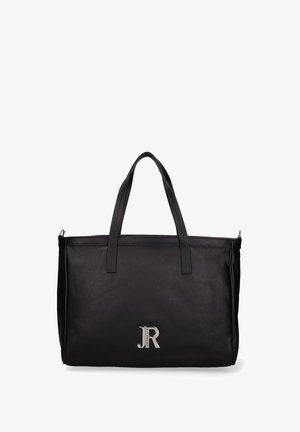 Sac fourre-tout en cuir noir avec deux poignées et logo JR argenté au centre avant.