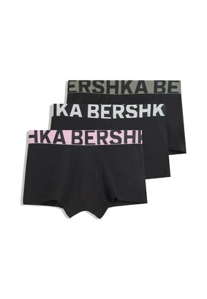 Tre stycken svarta kalsonger i boxermodell med elastiska midjeband i mörkgrön, ljusrosa och ljusgrått, med "BERSHKA" logotyp.