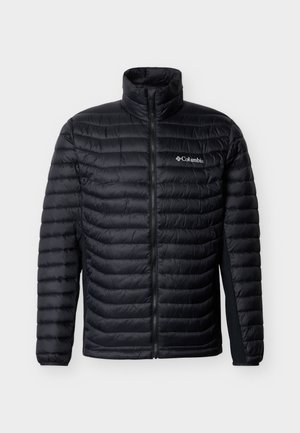 Juoda pamušaluota Columbia striukė su užtrauktuku priekyje ir aukšta apykakle, skirta šaltam orui.