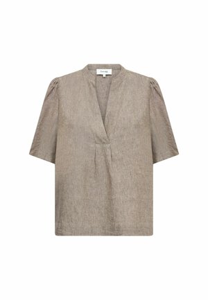 Taupe linen blouse with V-neck, short puffed sleeves, and subtle pleats below the neckline, flat against a white background.